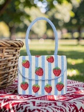Beaded Strawberry Stripe Shoulder Bag in Light Blue, White and Red
